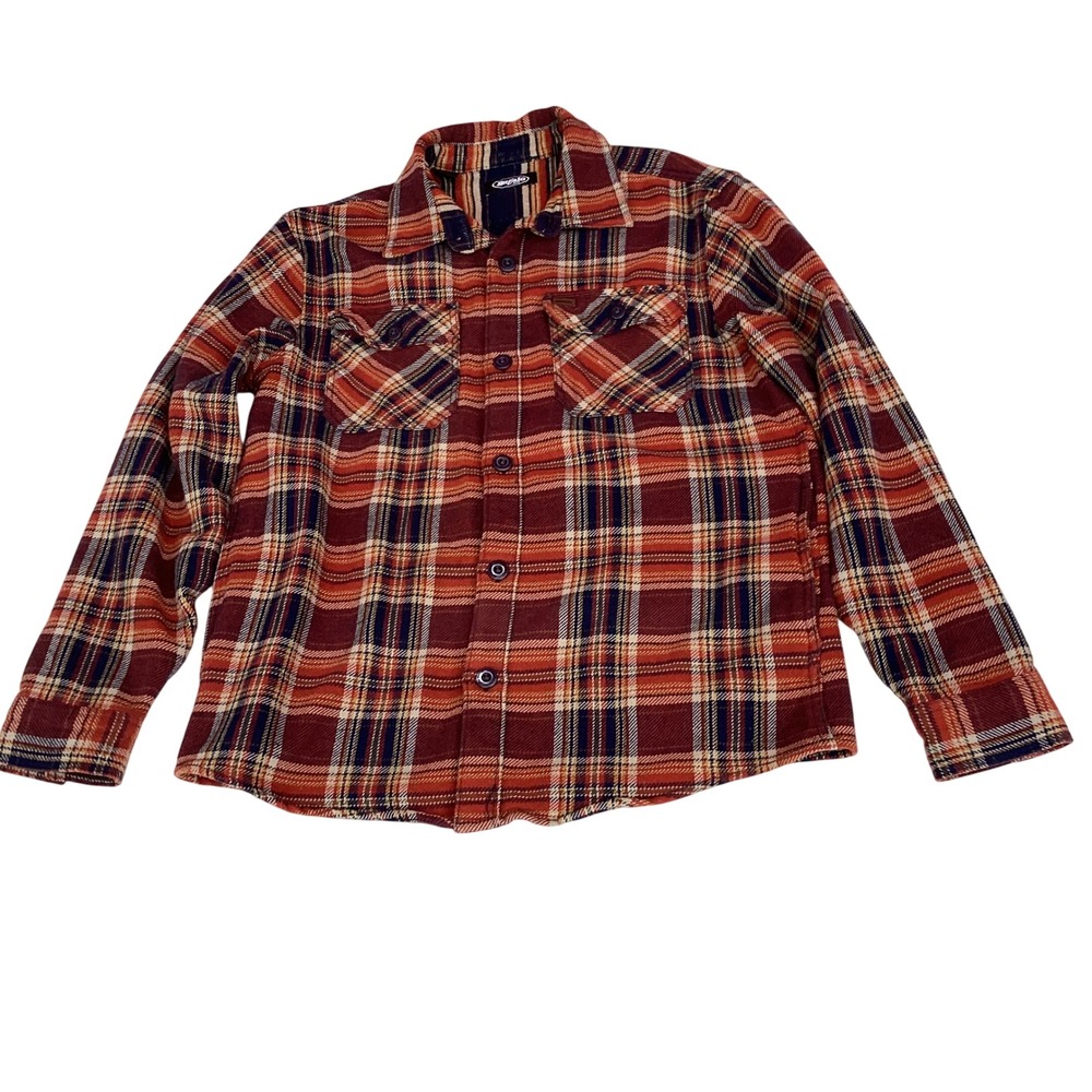 Buffalo David Bitton Mens Plaid Flannel Button Down Shirt Orange Navy Blue L